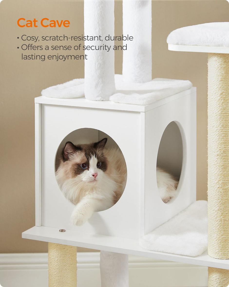 Cat Tree – Wood – Cloud White – 5 Scratching Posts, Padded Perches and Condo