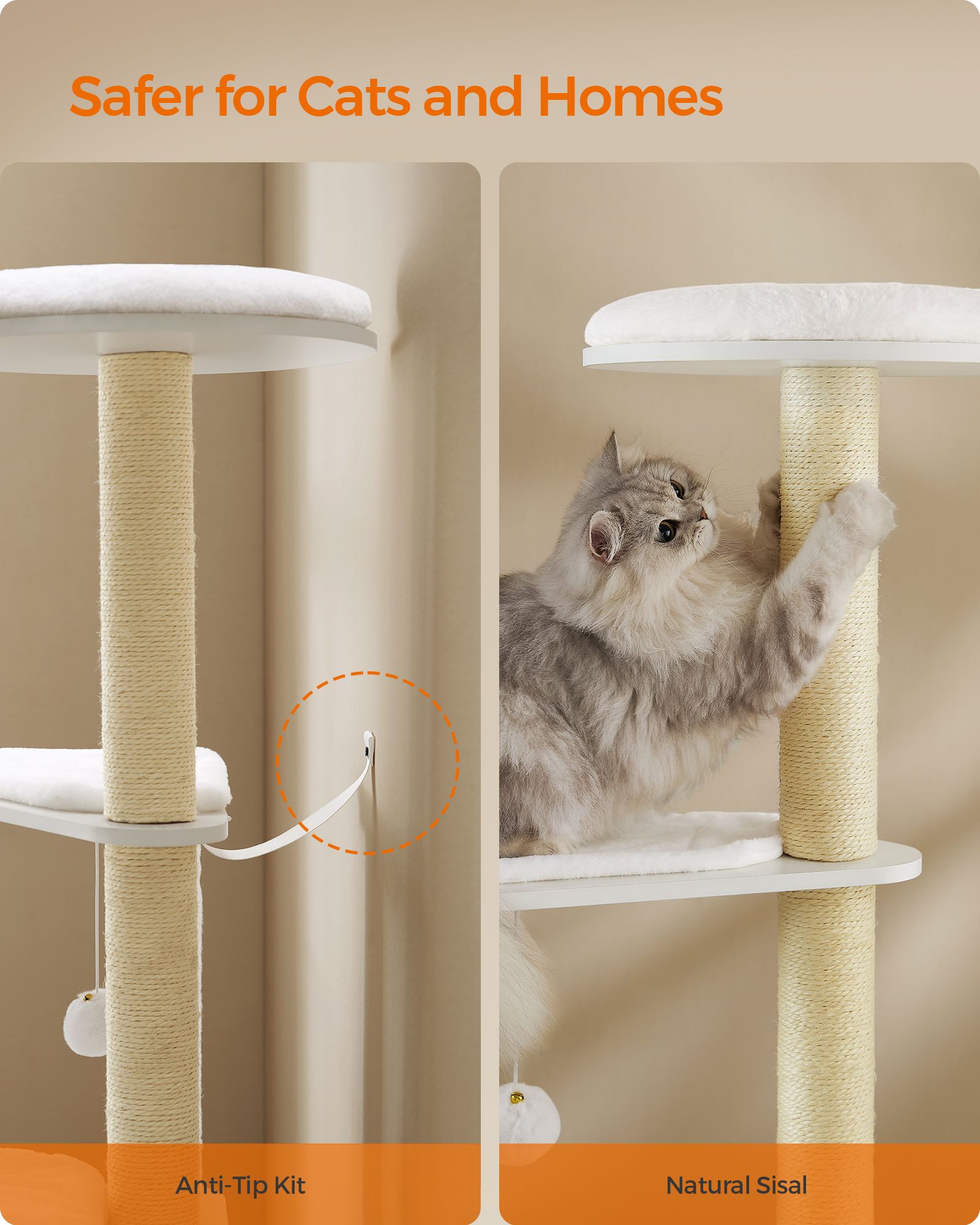 Cat Tree – Wood – Cloud White – 5 Scratching Posts, Padded Perches and Condo