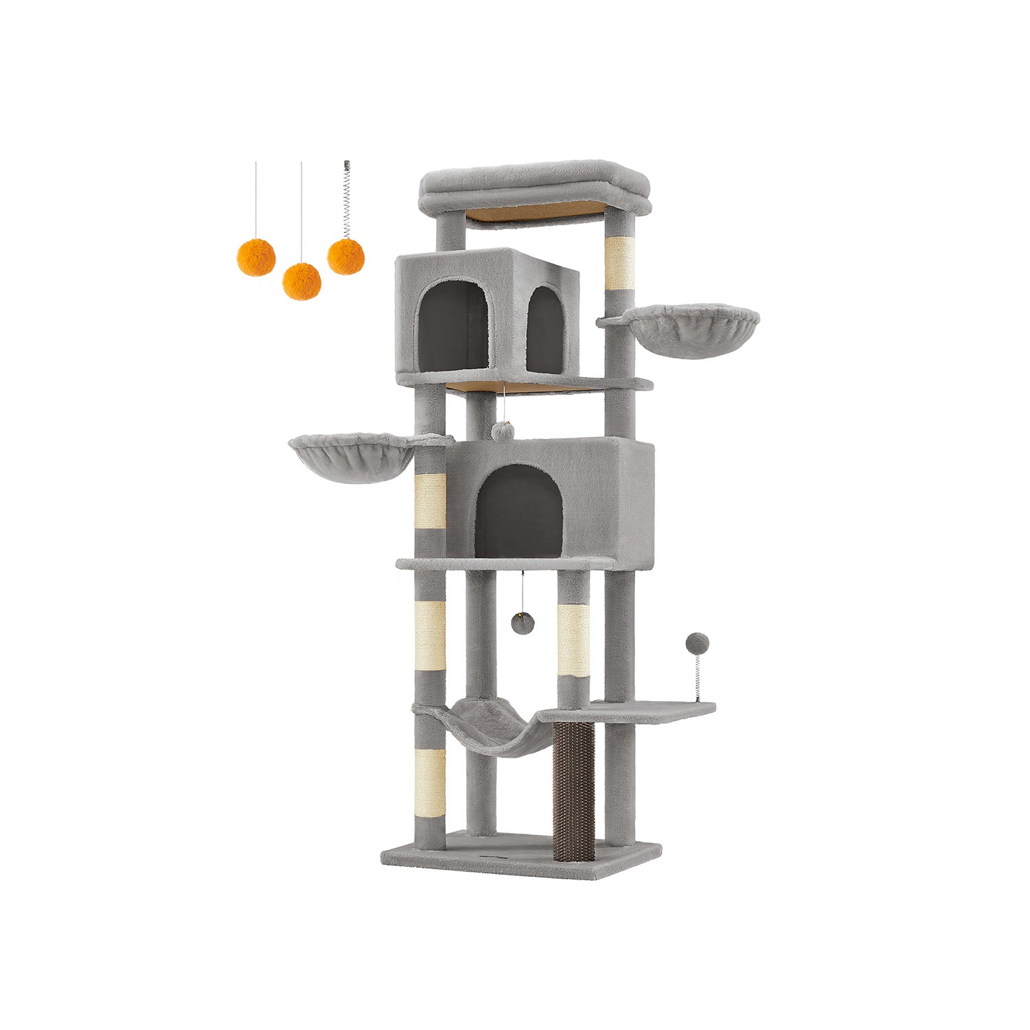 Multi-Level Cat Condo – Engineered Wood – Dove Grey – 2 Caves, 2 Baskets, 5 Scratching Posts