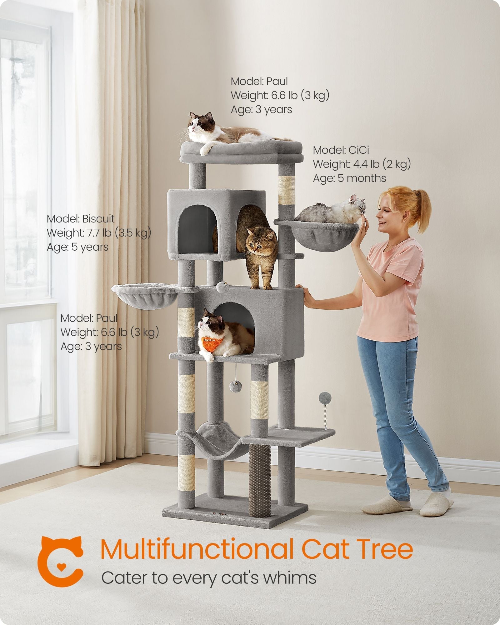Multi-Level Cat Condo – Engineered Wood – Dove Grey – 2 Caves, 2 Baskets, 5 Scratching Posts