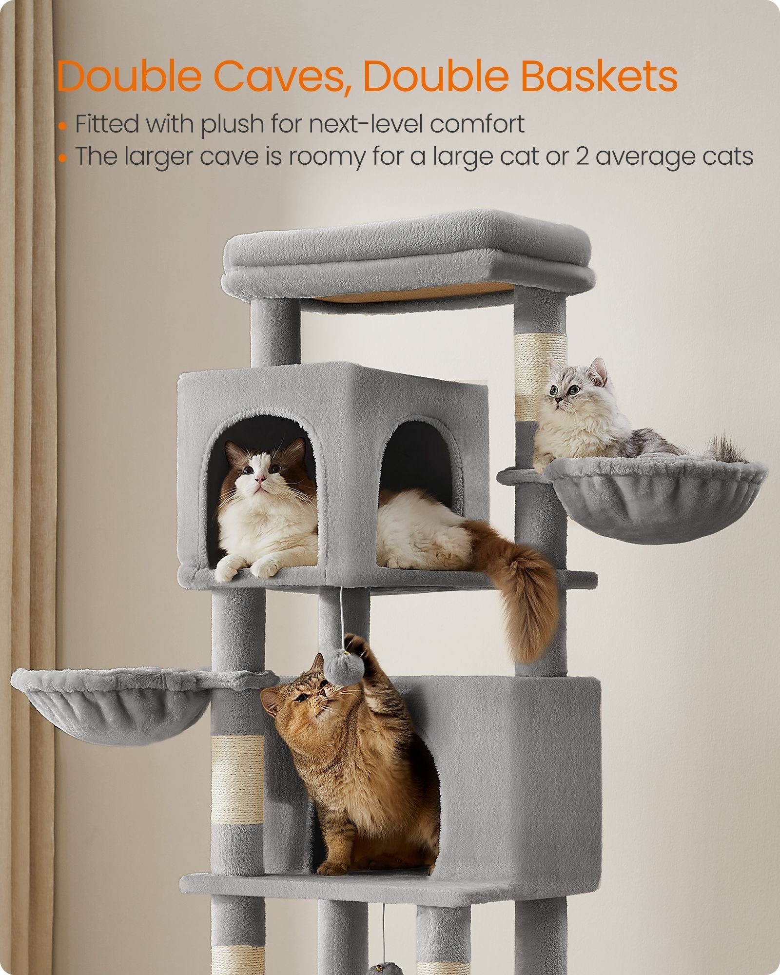 Multi-Level Cat Condo – Engineered Wood – Dove Grey – 2 Caves, 2 Baskets, 5 Scratching Posts