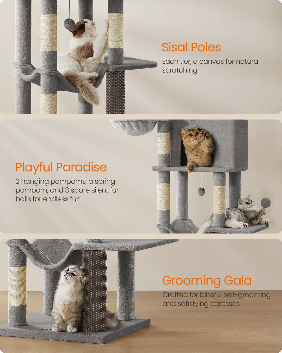 Multi-Level Cat Condo – Engineered Wood – Dove Grey – 2 Caves, 2 Baskets, 5 Scratching Posts