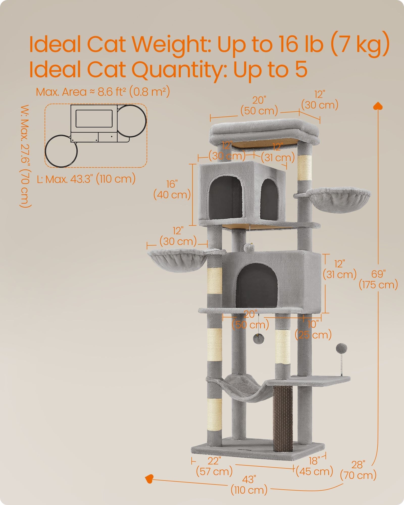 Multi-Level Cat Condo – Engineered Wood – Dove Grey – 2 Caves, 2 Baskets, 5 Scratching Posts