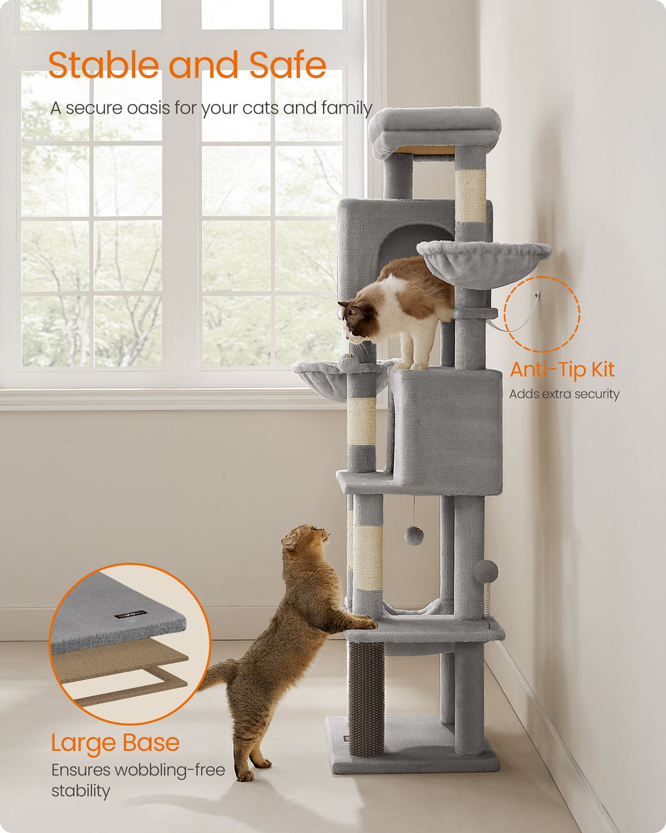 Multi-Level Cat Condo – Engineered Wood – Dove Grey – 2 Caves, 2 Baskets, 5 Scratching Posts