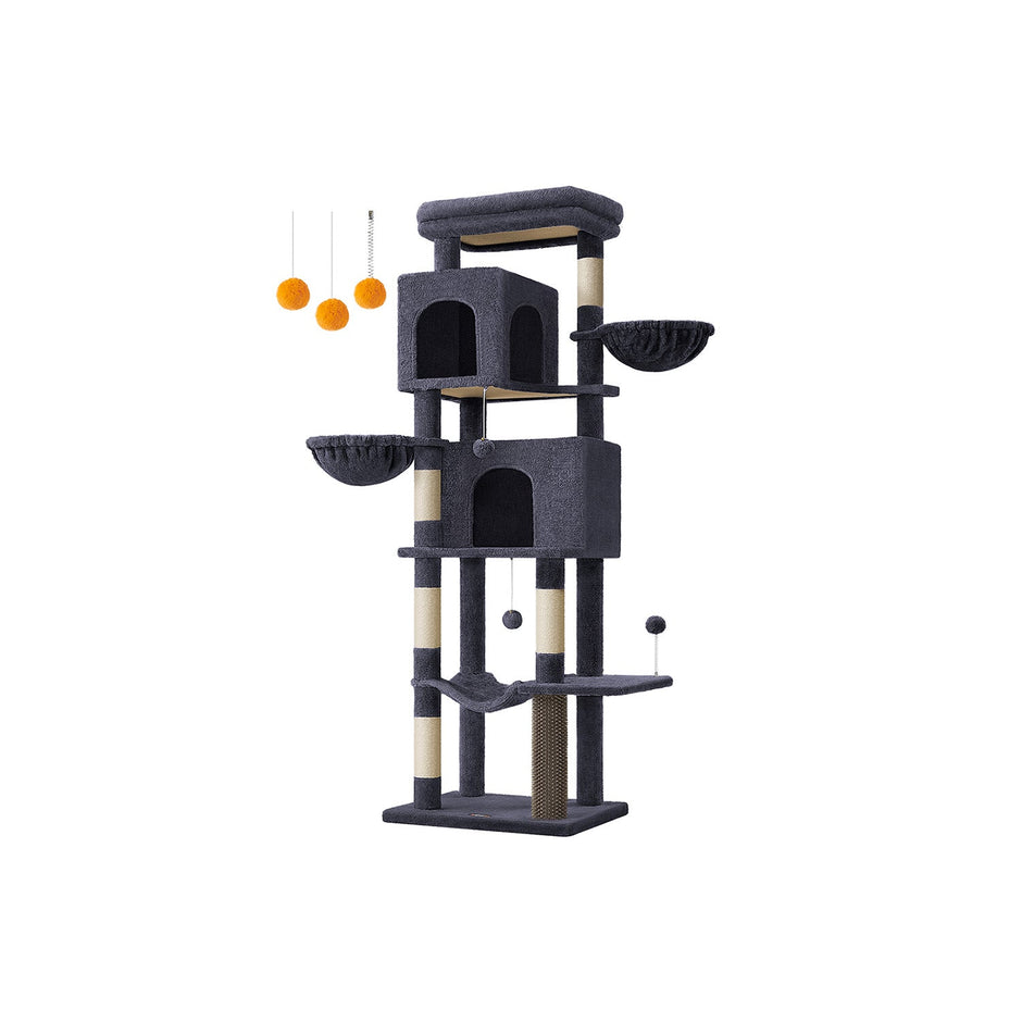 Cat Tree – Engineered Wood – Dark Grey – Multi-Level with 5 Scratching Posts and 2 Caves