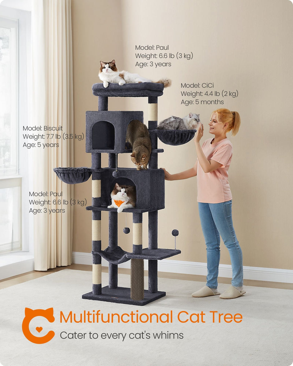 Cat Tree – Engineered Wood – Dark Grey – Multi-Level with 5 Scratching Posts and 2 Caves