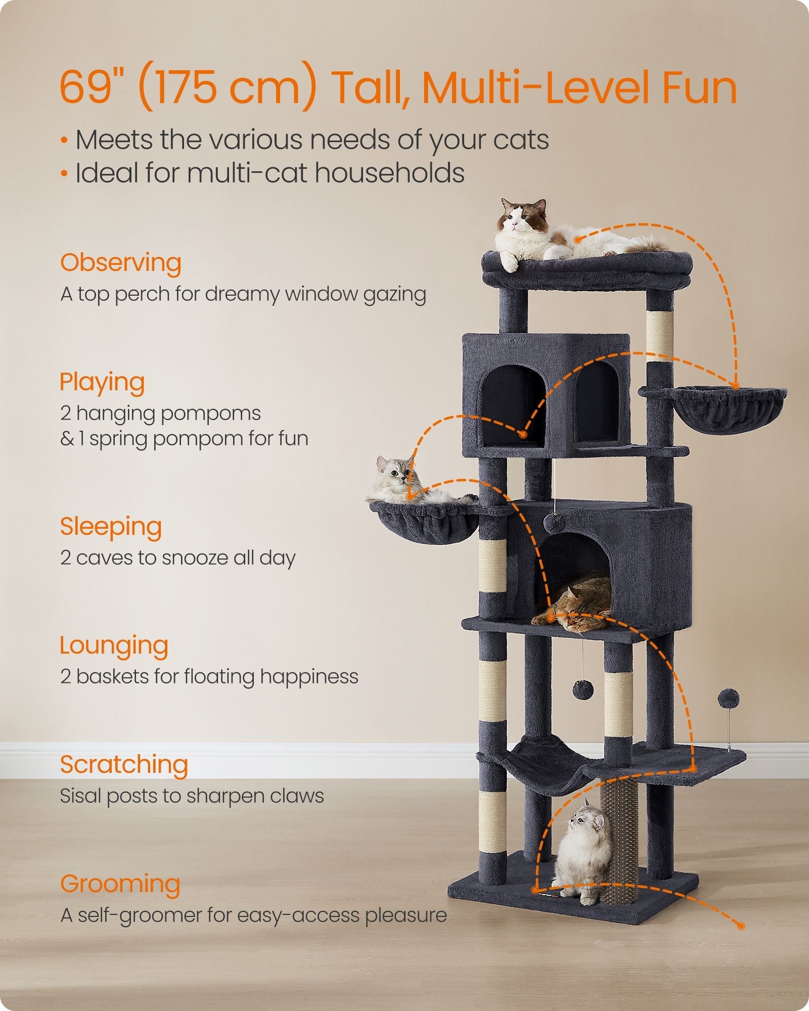 Cat Tree – Engineered Wood – Dark Grey – Multi-Level with 5 Scratching Posts and 2 Caves