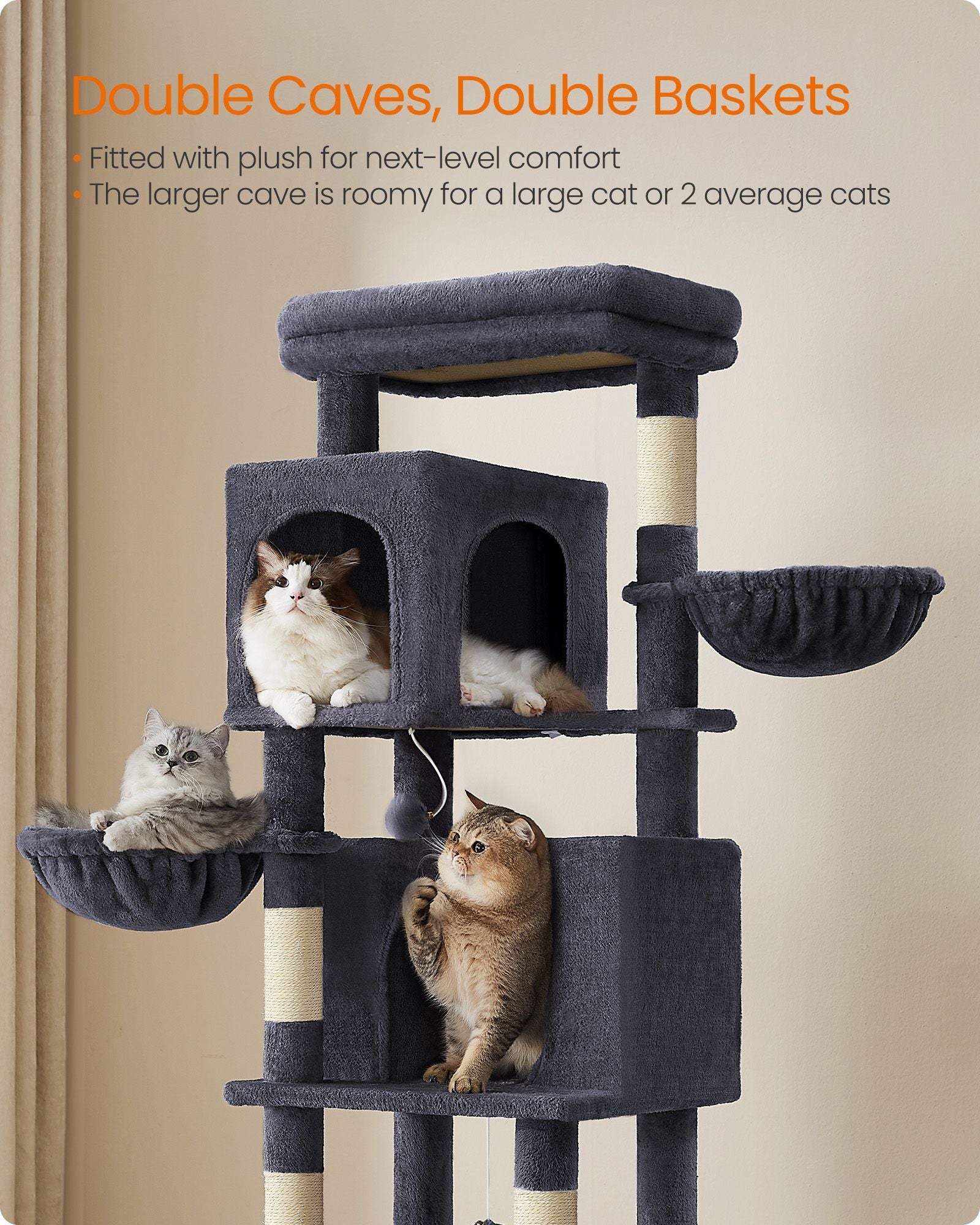 Cat Tree – Engineered Wood – Dark Grey – Multi-Level with 5 Scratching Posts and 2 Caves