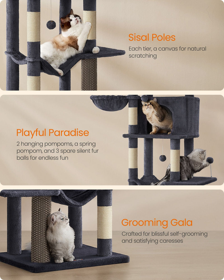 Cat Tree – Engineered Wood – Dark Grey – Multi-Level with 5 Scratching Posts and 2 Caves