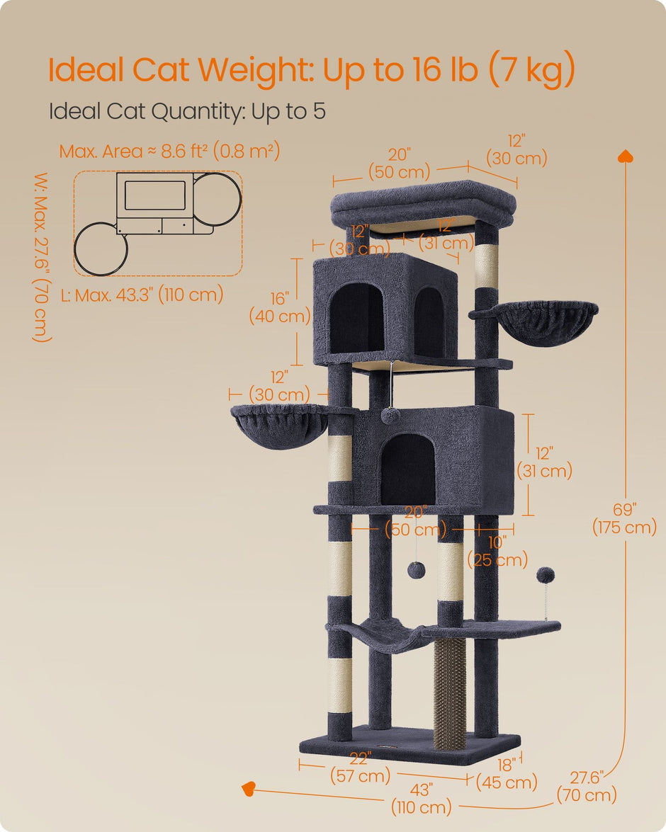 Cat Tree – Engineered Wood – Dark Grey – Multi-Level with 5 Scratching Posts and 2 Caves