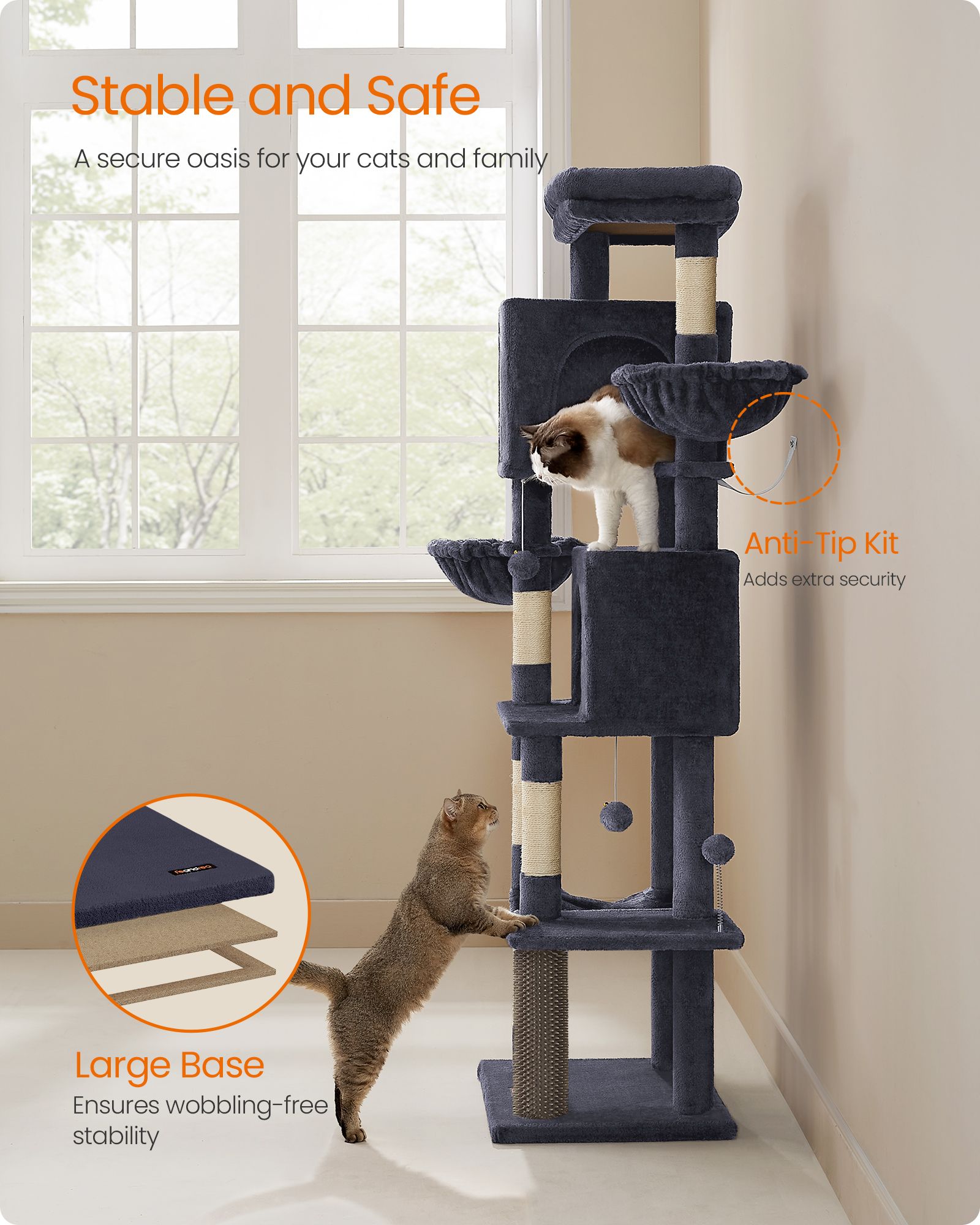 Cat Tree – Engineered Wood – Dark Grey – Multi-Level with 5 Scratching Posts and 2 Caves