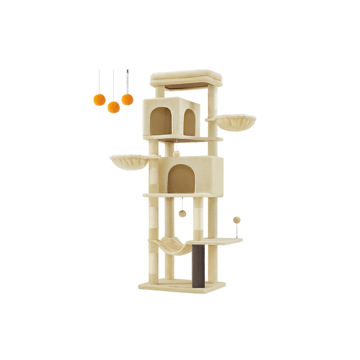 Cat Tree – Engineered Wood – Sand Beige – Multi-Level with 5 Scratching Posts and 2 Caves