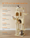 Cat Tree – Engineered Wood – Sand Beige – Multi-Level with 5 Scratching Posts and 2 Caves