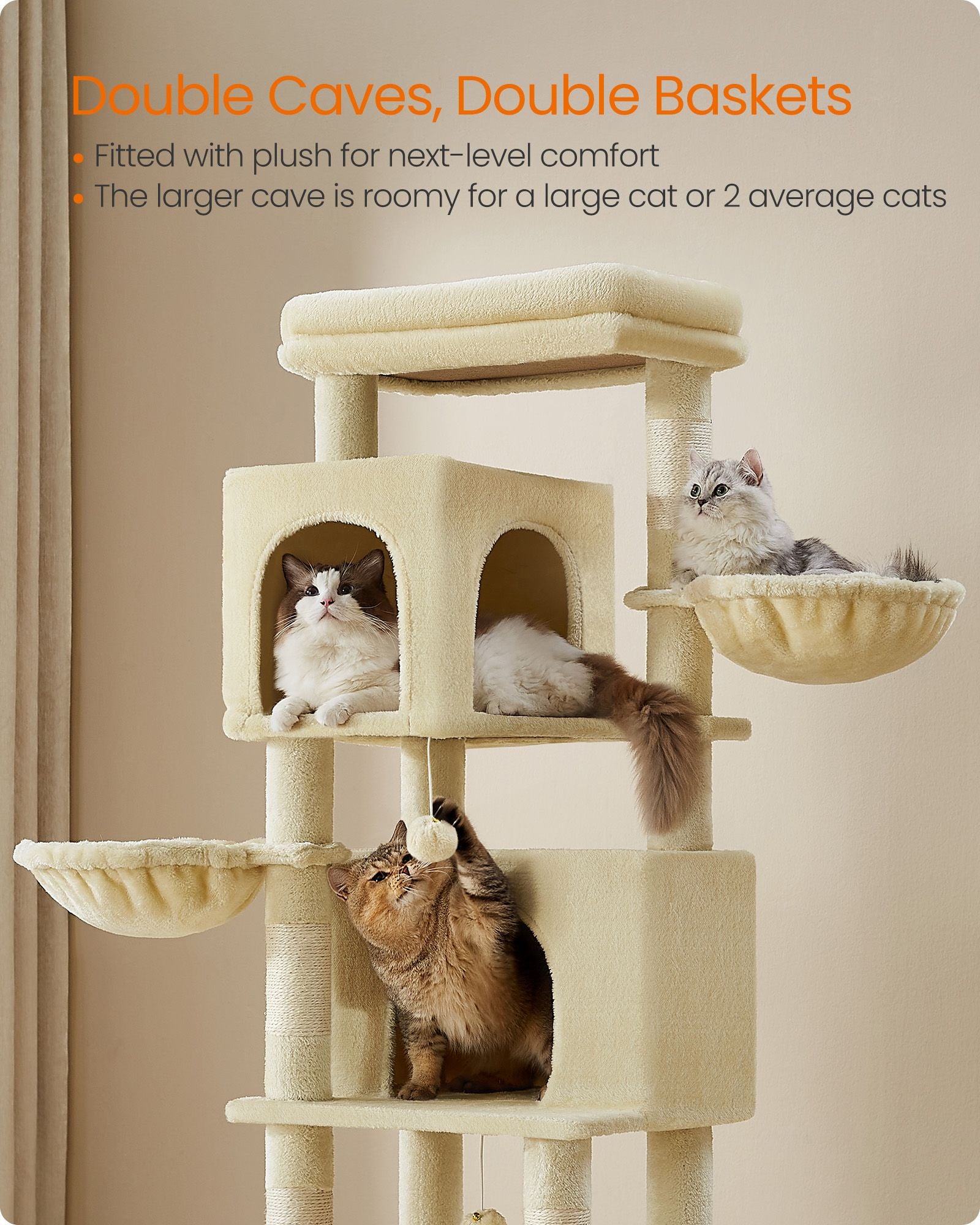 Cat Tree – Engineered Wood – Sand Beige – Multi-Level with 5 Scratching Posts and 2 Caves