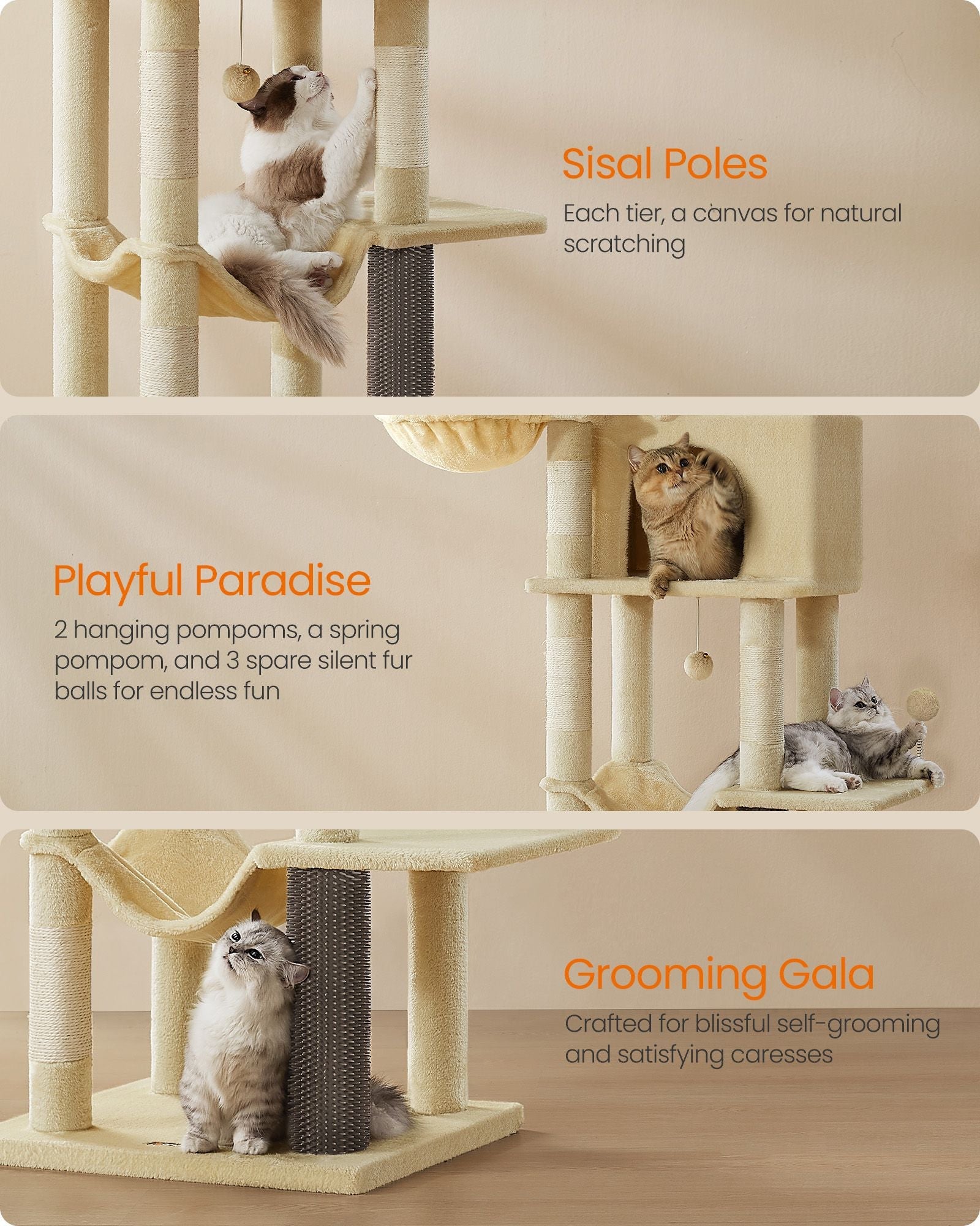 Cat Tree – Engineered Wood – Sand Beige – Multi-Level with 5 Scratching Posts and 2 Caves
