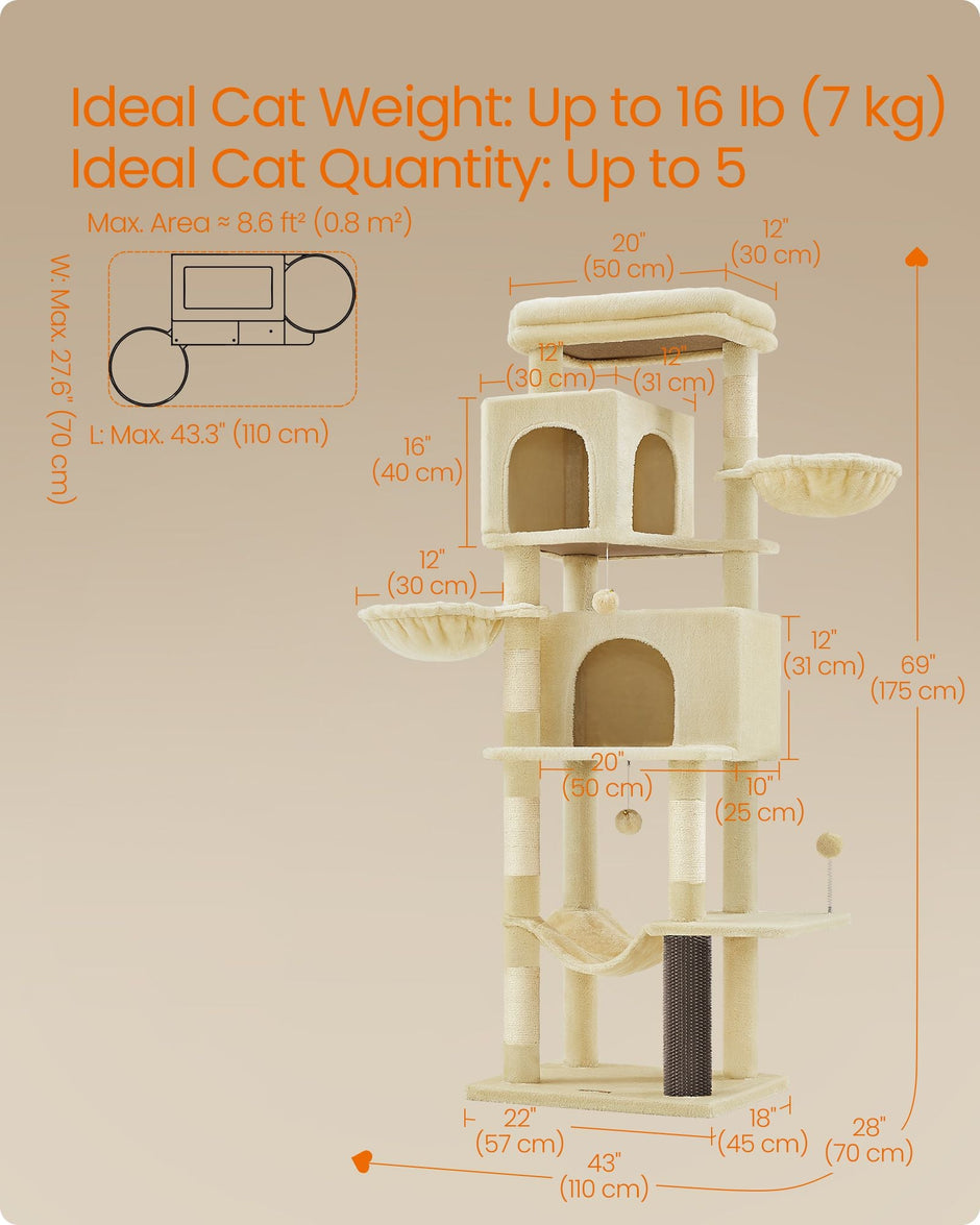 Cat Tree – Engineered Wood – Sand Beige – Multi-Level with 5 Scratching Posts and 2 Caves