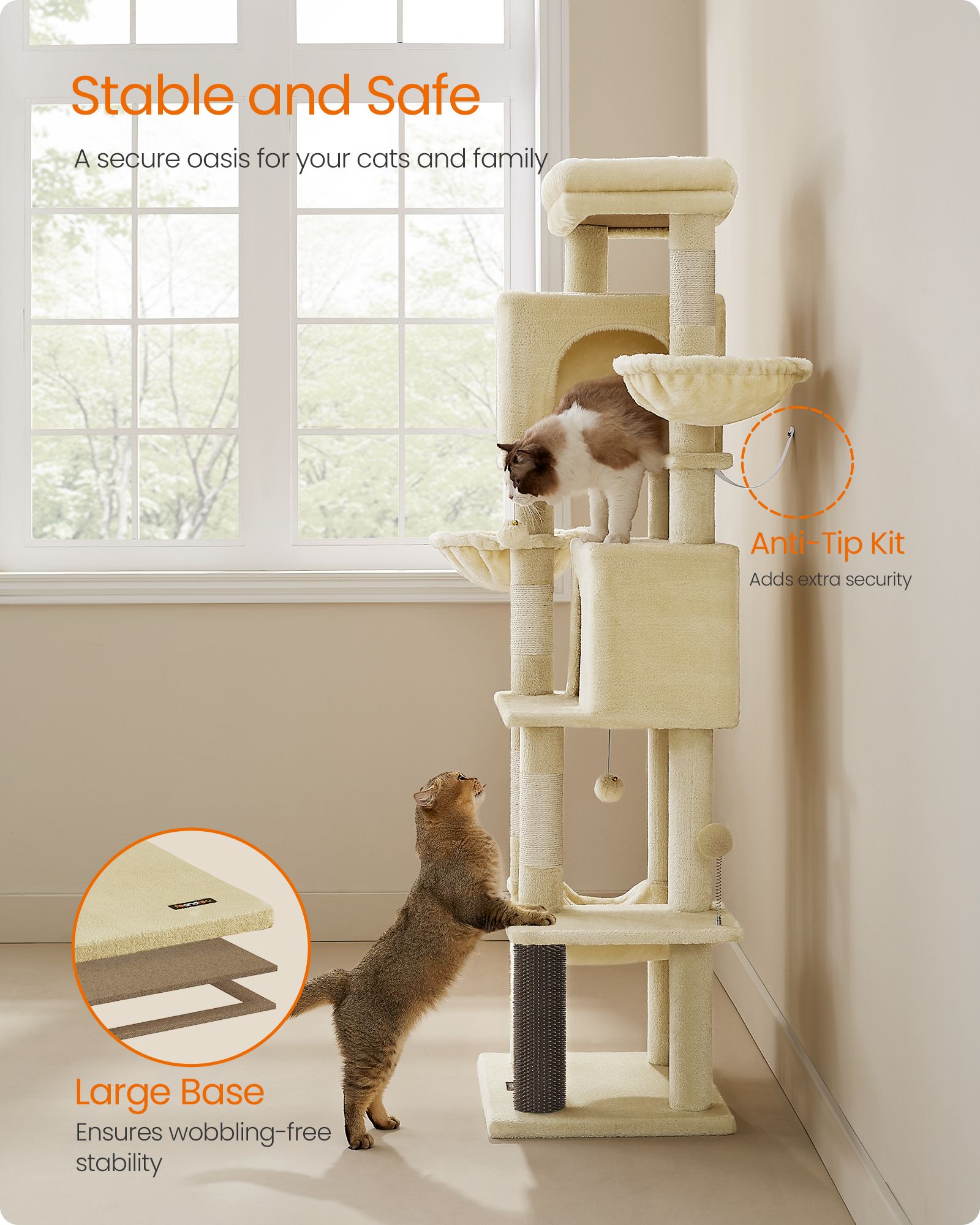 Cat Tree – Engineered Wood – Sand Beige – Multi-Level with 5 Scratching Posts and 2 Caves