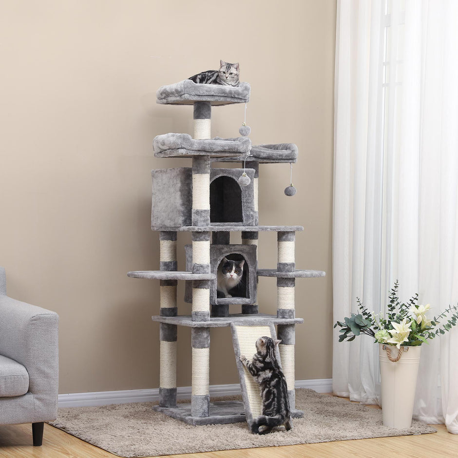 Large Cat Tower – Engineered Wood – Smoky Grey – 3 Viewing Perches, 2 Cuddly Caves