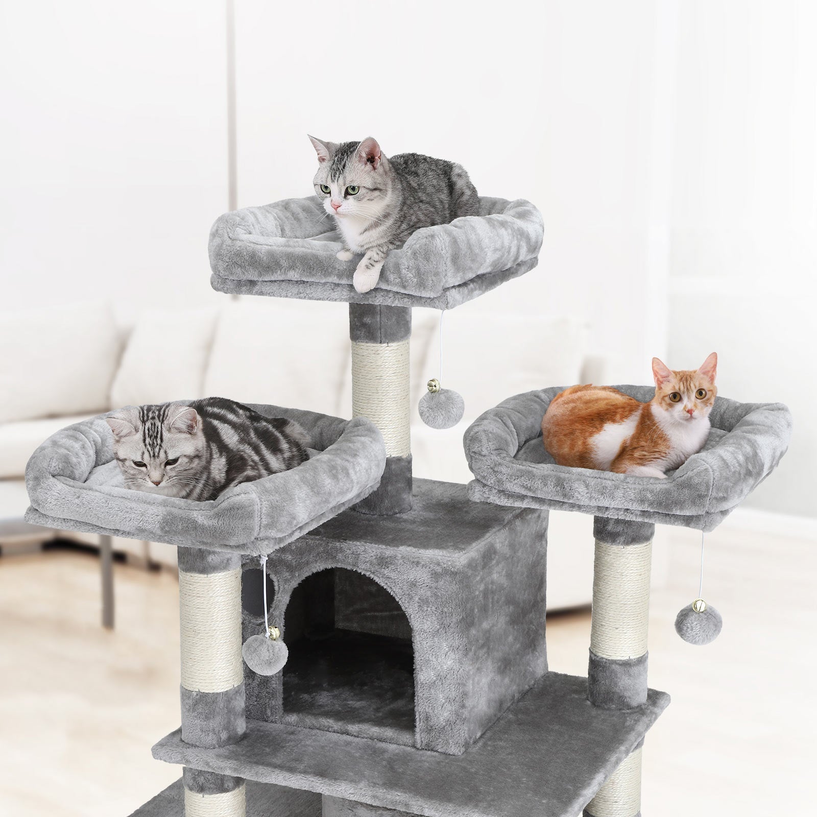 Large Cat Tower – Engineered Wood – Smoky Grey – 3 Viewing Perches, 2 Cuddly Caves