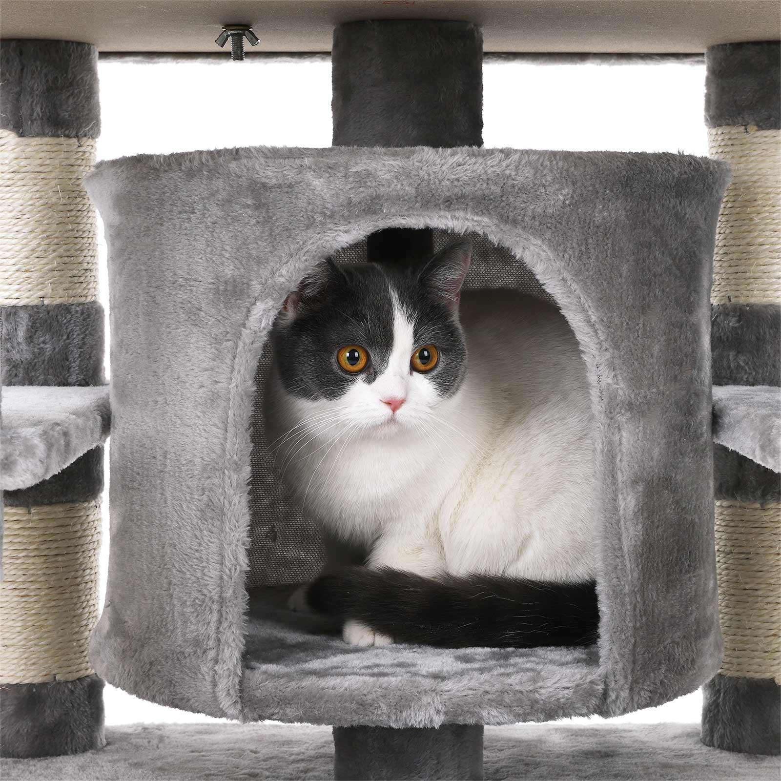 Large Cat Tower – Engineered Wood – Smoky Grey – 3 Viewing Perches, 2 Cuddly Caves