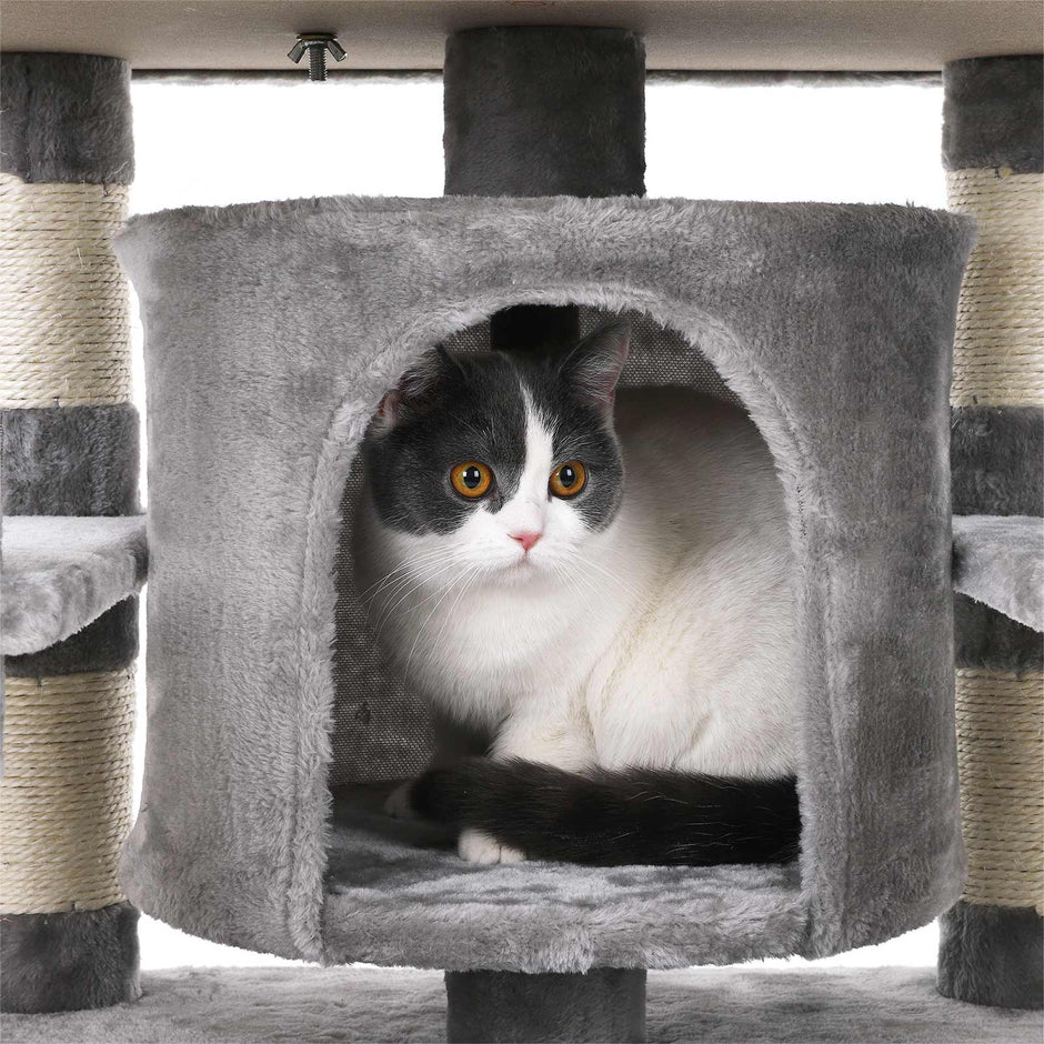 Large Cat Tower – Engineered Wood – Smoky Grey – 3 Viewing Perches, 2 Cuddly Caves