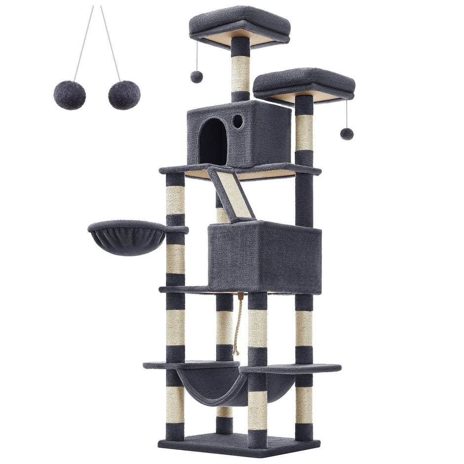 Large Cat Tower – Engineered Wood – Light Grey – 13 Scratching Posts