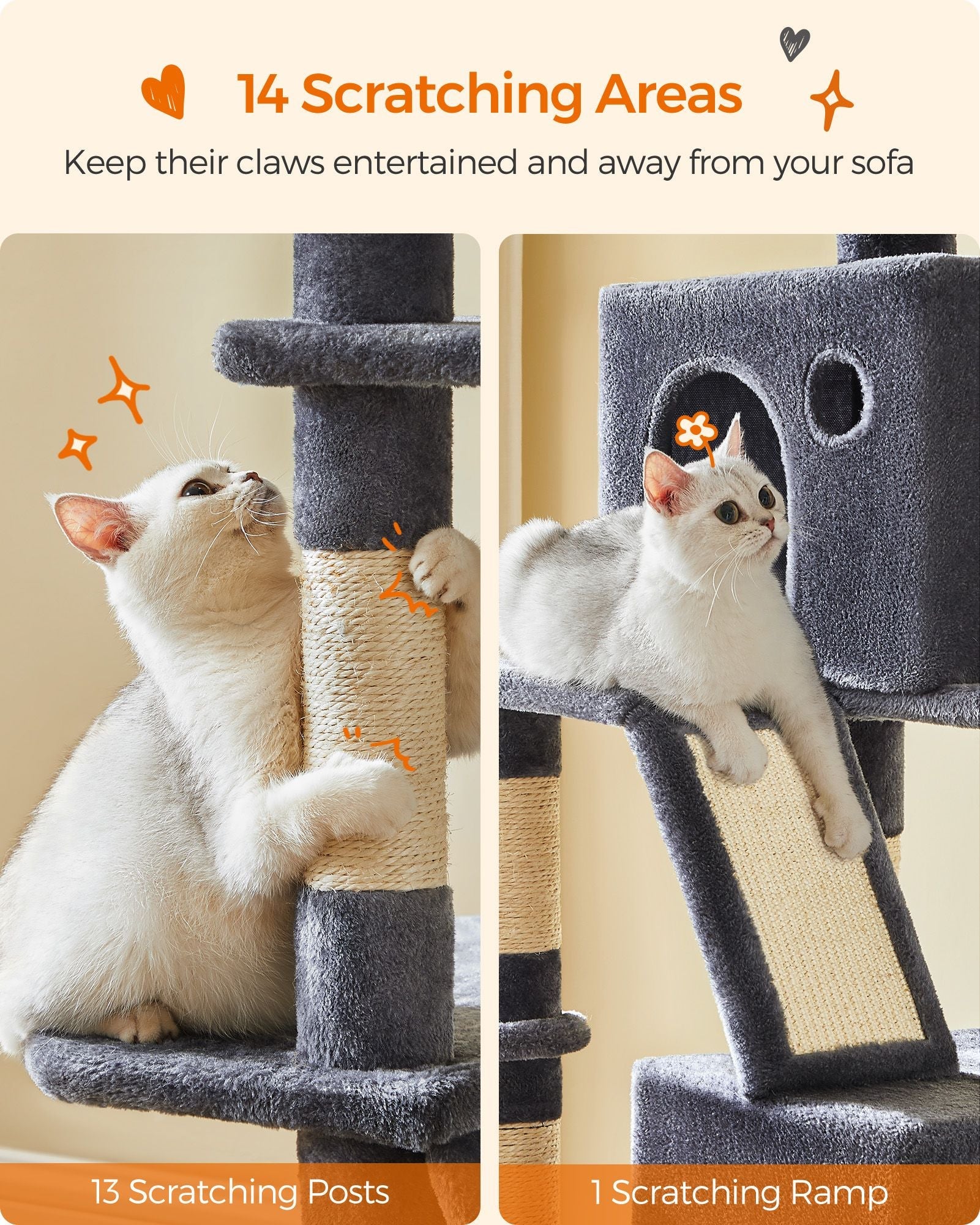Large Cat Tower – Engineered Wood – Light Grey – 13 Scratching Posts