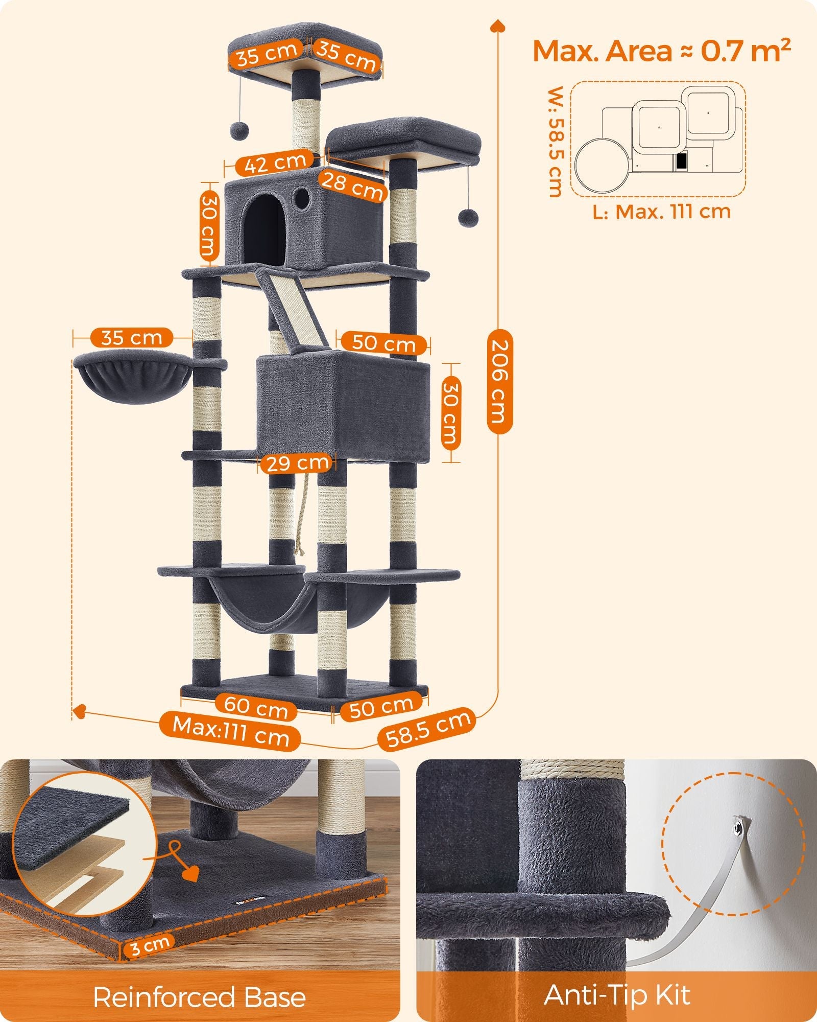 Large Cat Tower – Engineered Wood – Light Grey – 13 Scratching Posts