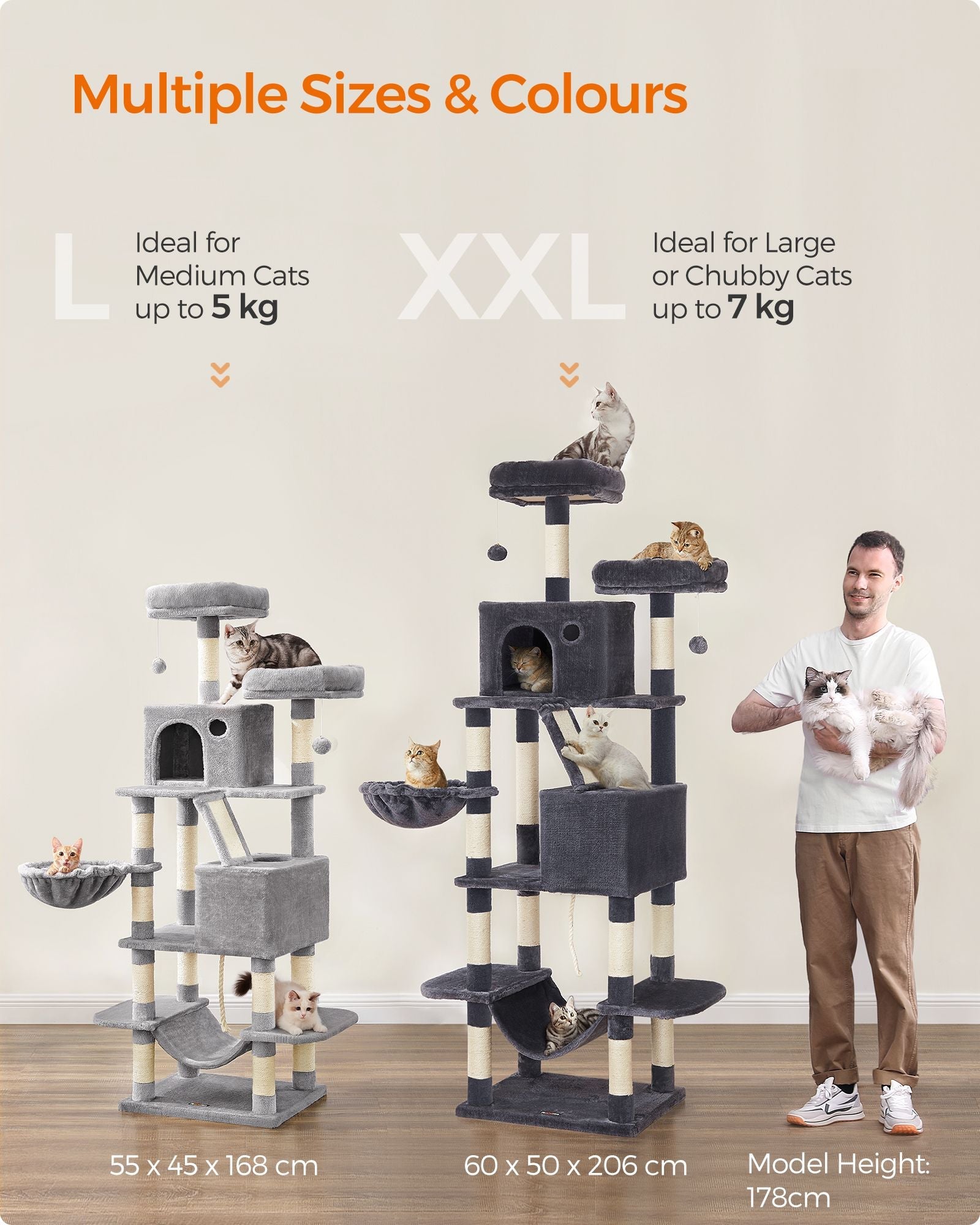Large Cat Tower – Engineered Wood – Light Grey – 13 Scratching Posts