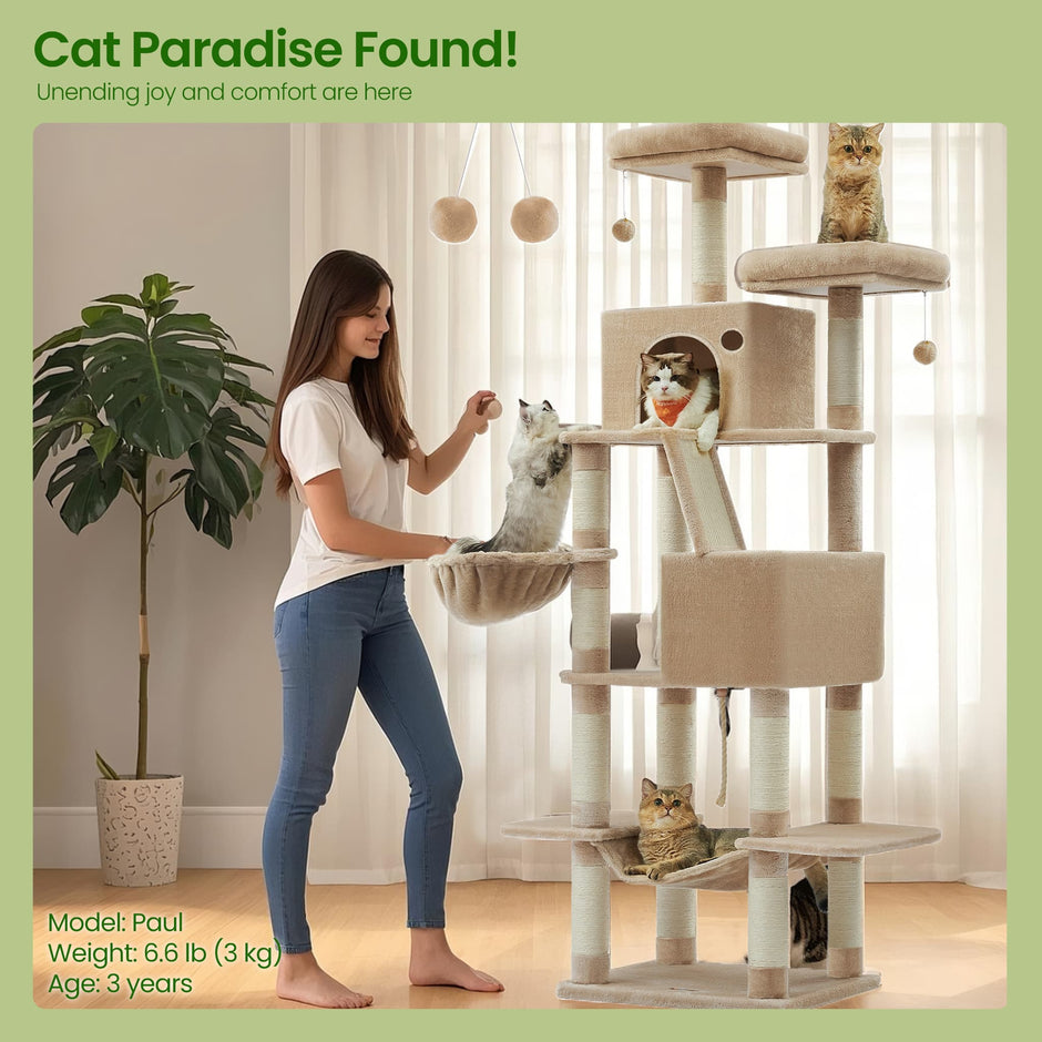 Large Cat Tree – Engineered Wood – Smoky Gray/Light Gray/Beige/Ink Black/Cream White – 13 Scratching Posts, 2 Perches, Hammock