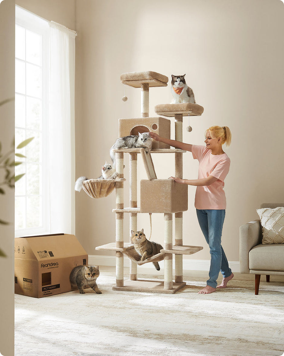 Cat Tower – Engineered Wood – Camel Brown – 13 Scratching Posts, 206 cm Tall