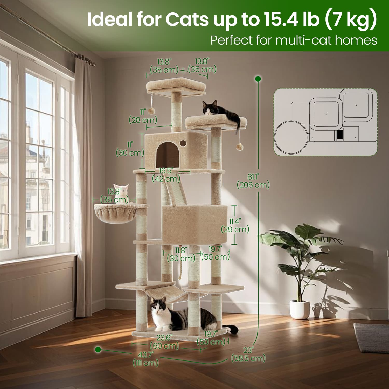 Large Cat Tree – Engineered Wood – Smoky Gray/Light Gray/Beige/Ink Black/Cream White – 13 Scratching Posts, 2 Perches, Hammock