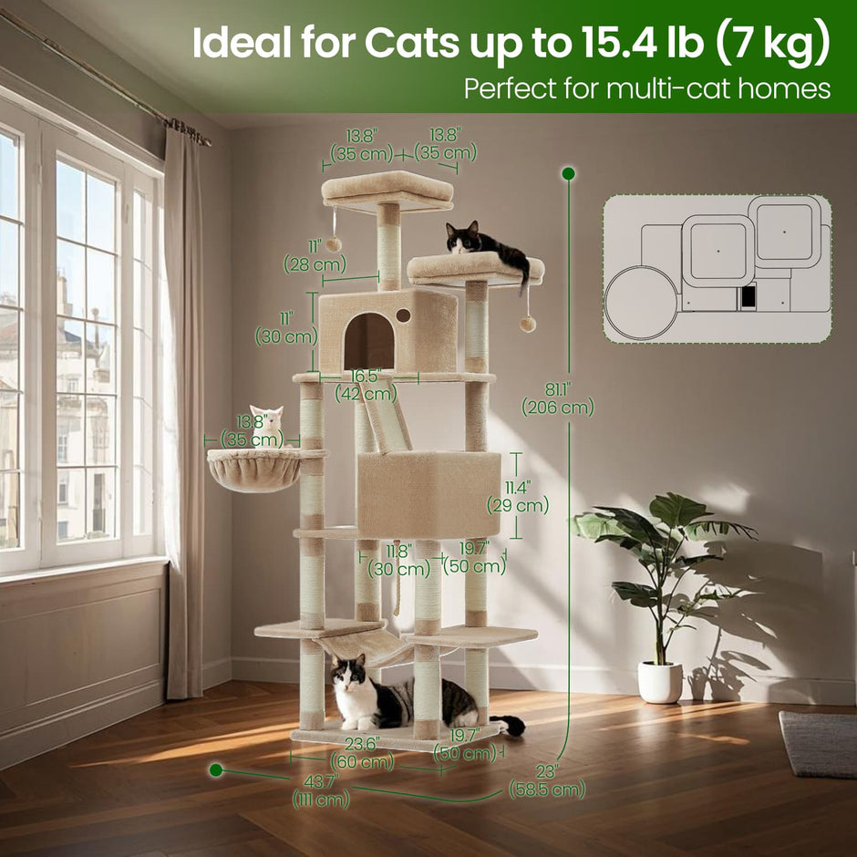Large Cat Tree – Engineered Wood – Smoky Gray/Light Gray/Beige/Ink Black/Cream White – 13 Scratching Posts, 2 Perches, Hammock
