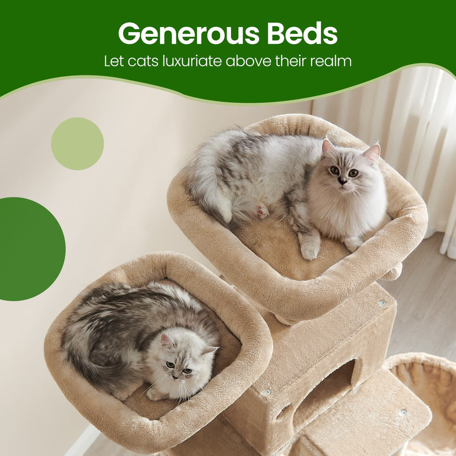 Large Cat Tree – Engineered Wood – Smoky Gray/Light Gray/Beige/Ink Black/Cream White – 13 Scratching Posts, 2 Perches, Hammock