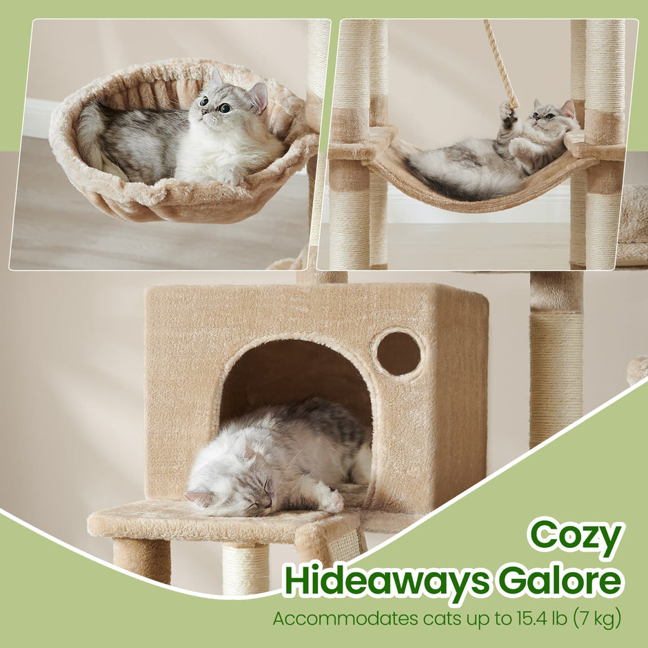 Large Cat Tree – Engineered Wood – Smoky Gray/Light Gray/Beige/Ink Black/Cream White – 13 Scratching Posts, 2 Perches, Hammock
