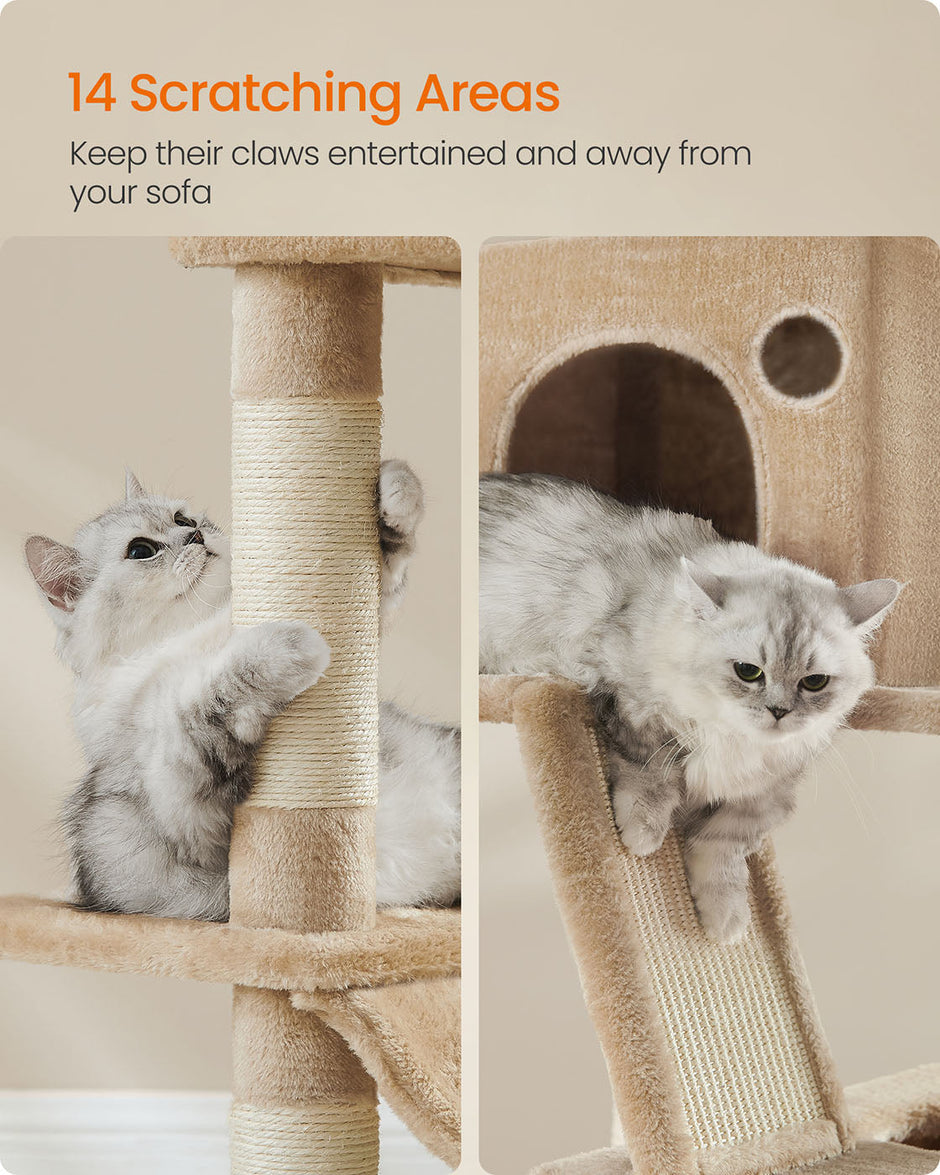 Cat Tower – Engineered Wood – Camel Brown – 13 Scratching Posts, 206 cm Tall