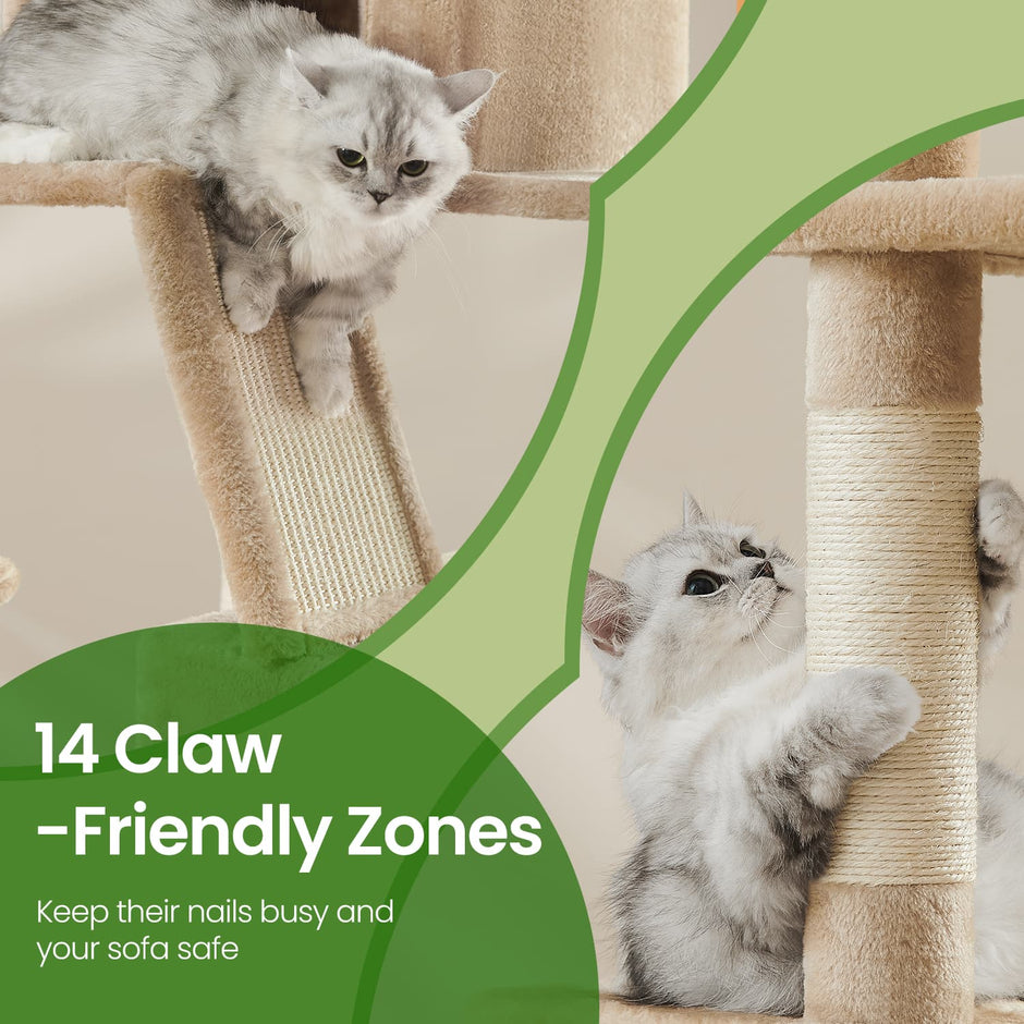 Large Cat Tree – Engineered Wood – Smoky Gray/Light Gray/Beige/Ink Black/Cream White – 13 Scratching Posts, 2 Perches, Hammock