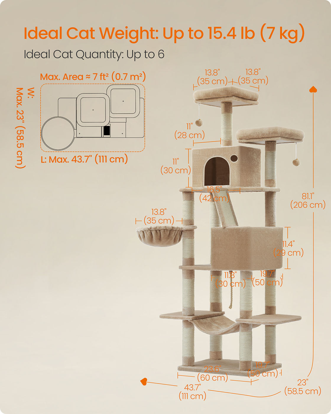 Cat Tower – Engineered Wood – Camel Brown – 13 Scratching Posts, 206 cm Tall