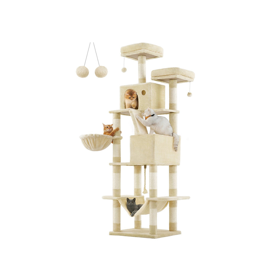 Cat Tree – Engineered Wood – Light Grey – 206 cm with 13 Scratching Posts