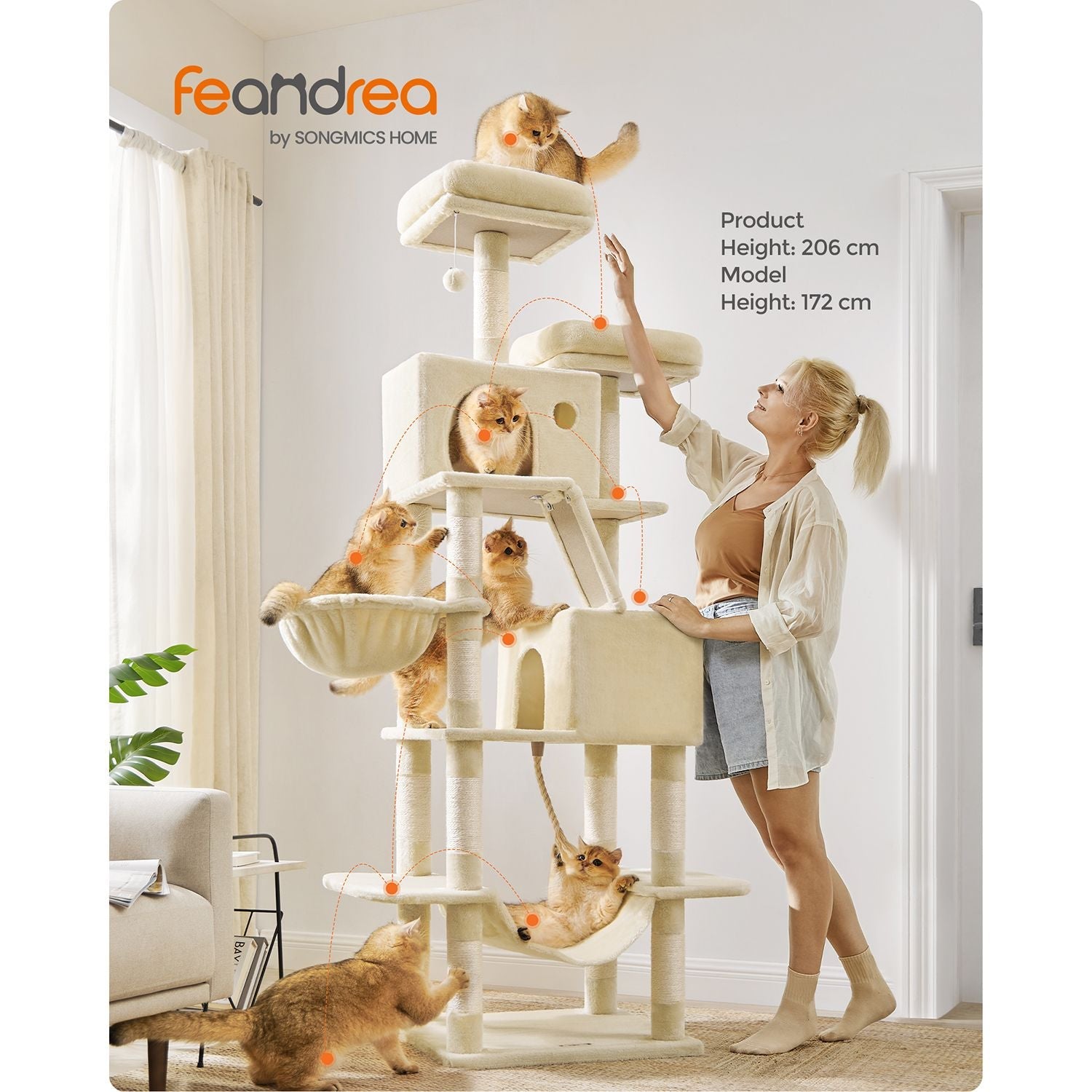 Cat Tree – Engineered Wood – Light Grey – 206 cm with 13 Scratching Posts