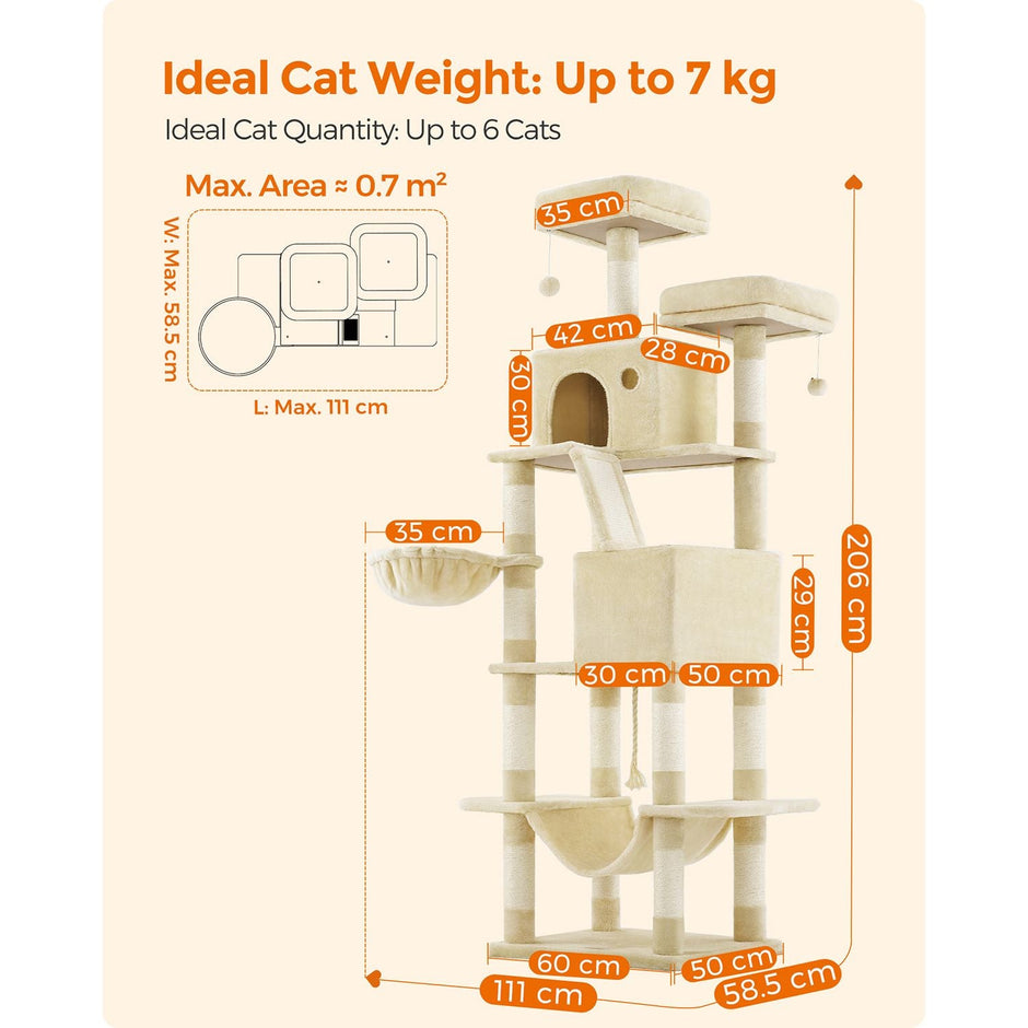 Cat Tree – Engineered Wood – Light Grey – 206 cm with 13 Scratching Posts