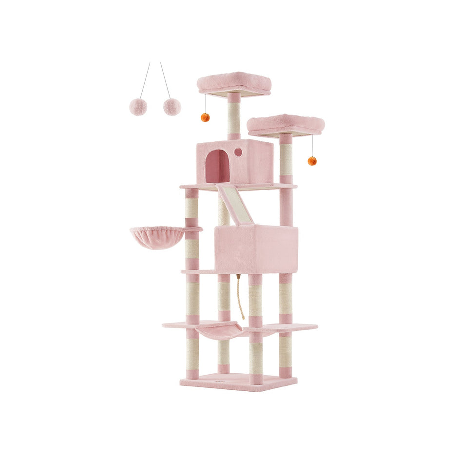 Large Multi-Level Cat Tree – Wood and Fabric – Jelly Pink – 206 cm Tall with 13 Scratching Posts