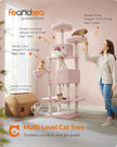 Large Multi-Level Cat Tree – Wood and Fabric – Jelly Pink – 206 cm Tall with 13 Scratching Posts