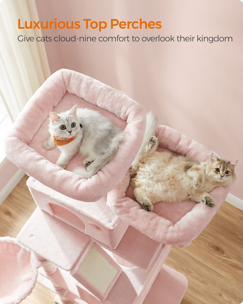Large Multi-Level Cat Tree – Wood and Fabric – Jelly Pink – 206 cm Tall with 13 Scratching Posts