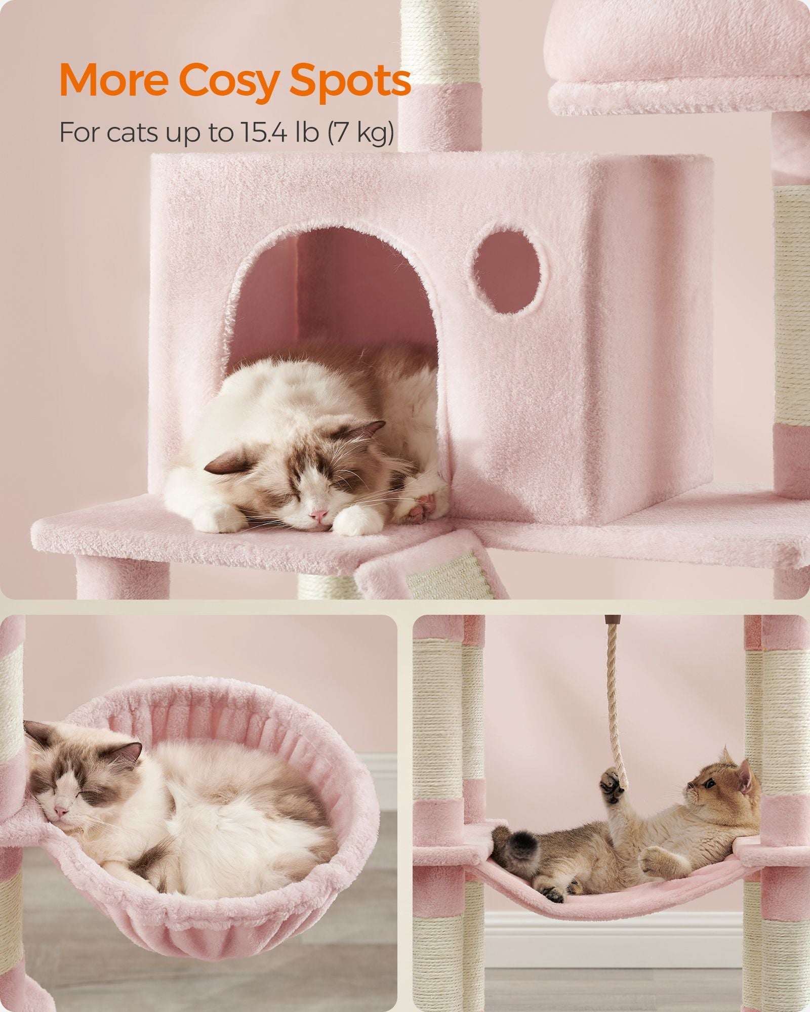 Large Multi-Level Cat Tree – Wood and Fabric – Jelly Pink – 206 cm Tall with 13 Scratching Posts