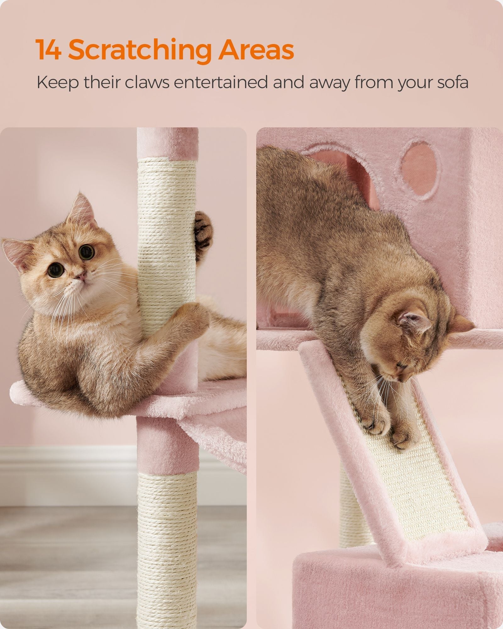 Large Multi-Level Cat Tree – Wood and Fabric – Jelly Pink – 206 cm Tall with 13 Scratching Posts
