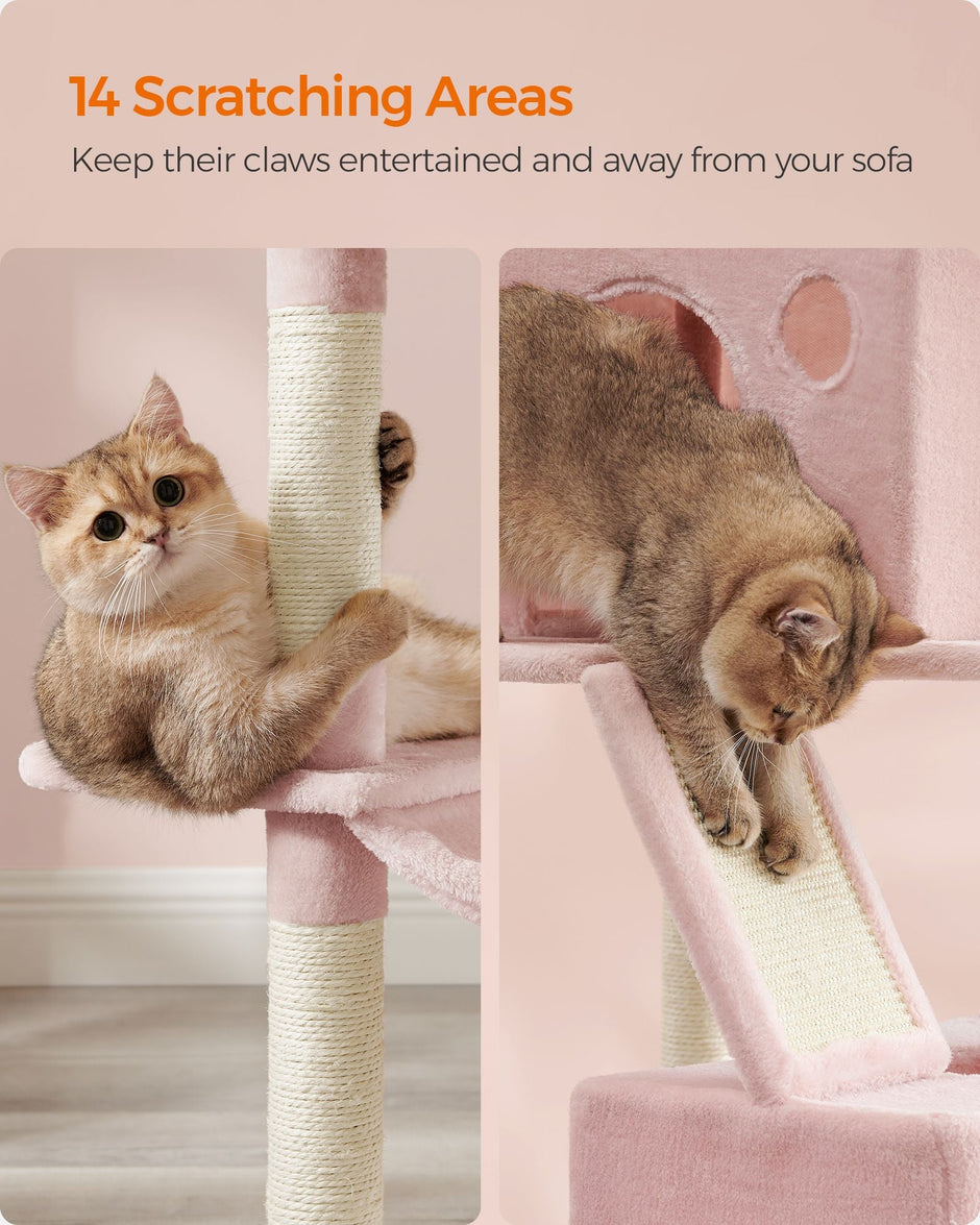 Large Multi-Level Cat Tree – Wood and Fabric – Jelly Pink – 206 cm Tall with 13 Scratching Posts