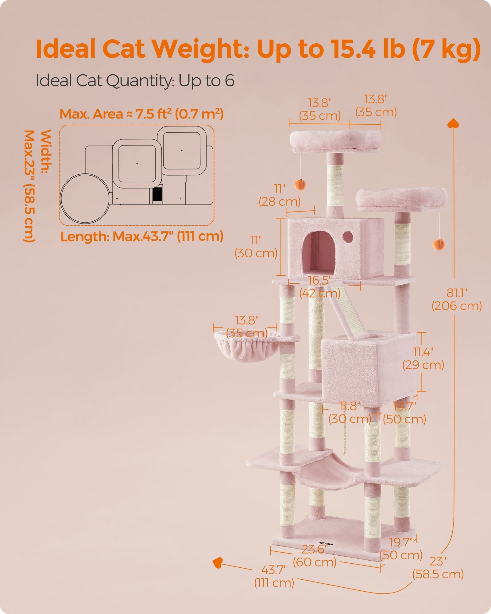 Large Multi-Level Cat Tree – Wood and Fabric – Jelly Pink – 206 cm Tall with 13 Scratching Posts