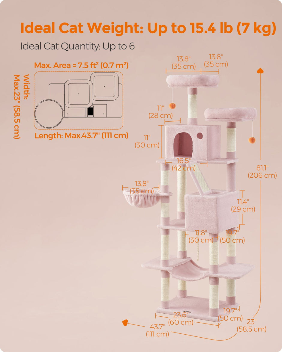 Large Multi-Level Cat Tree – Wood and Fabric – Jelly Pink – 206 cm Tall with 13 Scratching Posts