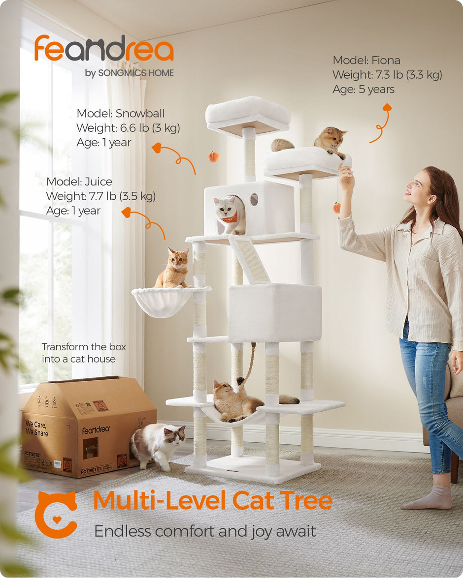 Large Multi-Level Cat Tree – Plywood – Cream White – 13 Scratching Posts